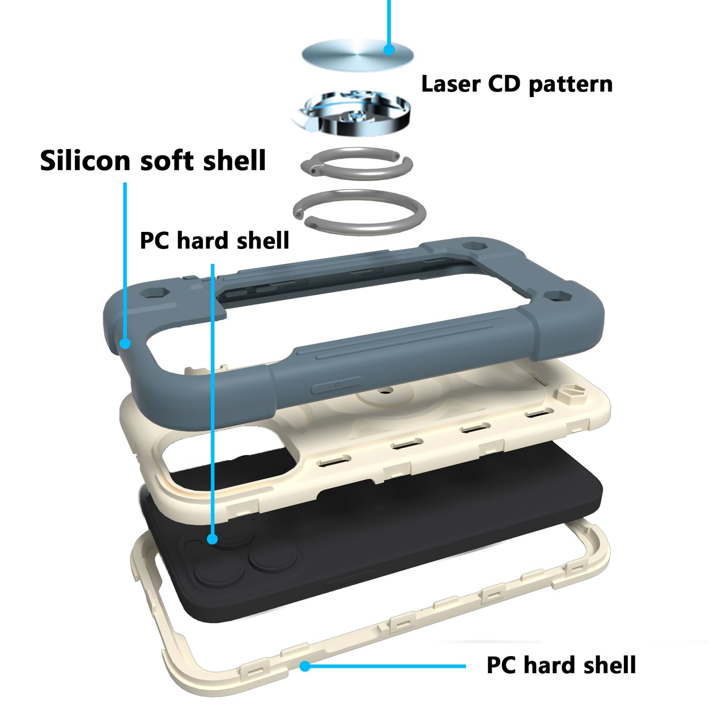 For Apple iPhone 11 (6.1") Armor Thick 3in1 Hybrid Rugged TPU Shock-Absorbing with Rotatable Double Rings Kickstand Light Blue Phone Case Cover