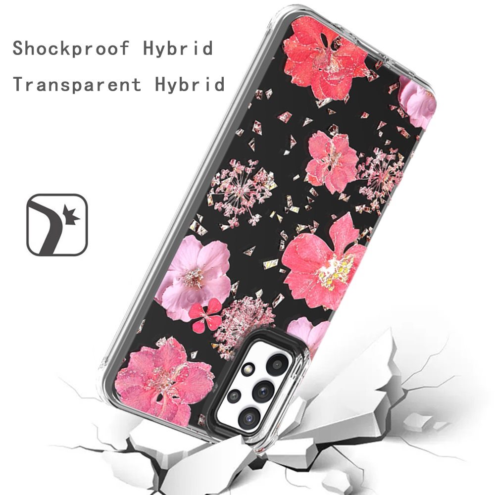 For Samsung Galaxy A33 5G Glitter Floral Print Pattern Clear Design Shockproof Hybrid Fashion Sparkle Rubber TPU Bumper  Phone Case Cover