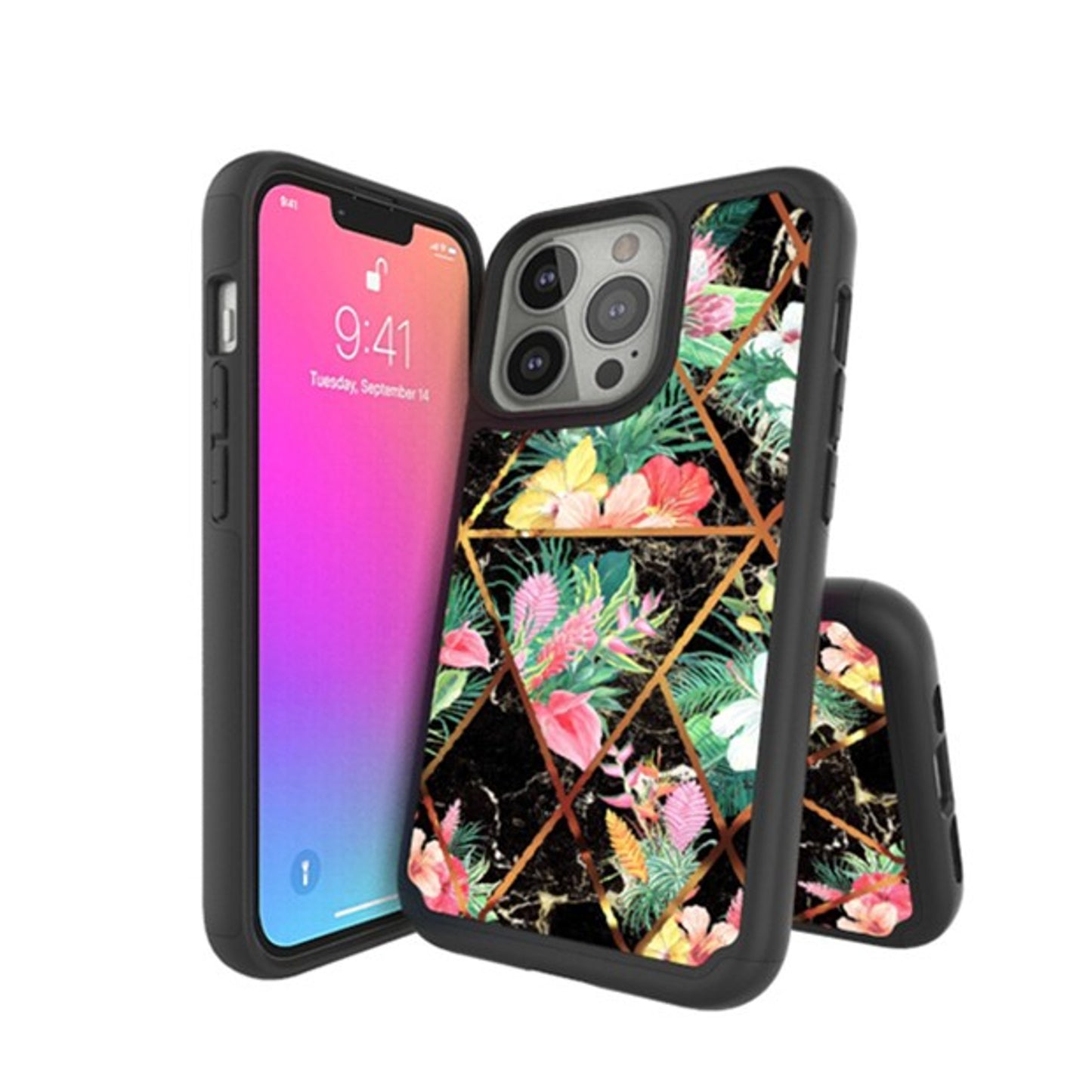 For Apple iPhone 13 Mini (5.4") Pattern Design Slim Hybrid Grid Bumper Rubber Soft TPU & Hard Back PC Protective  Phone Case Cover