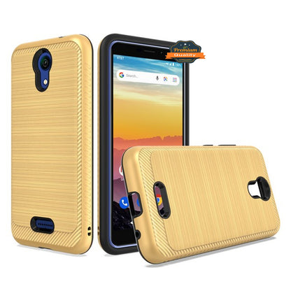 For AT&T Calypso Brushed Metal Texture Hybrid Dual Layer Defender TPU PC Rugged Shockproof Armor Carbon Fiber Design  Phone Case Cover