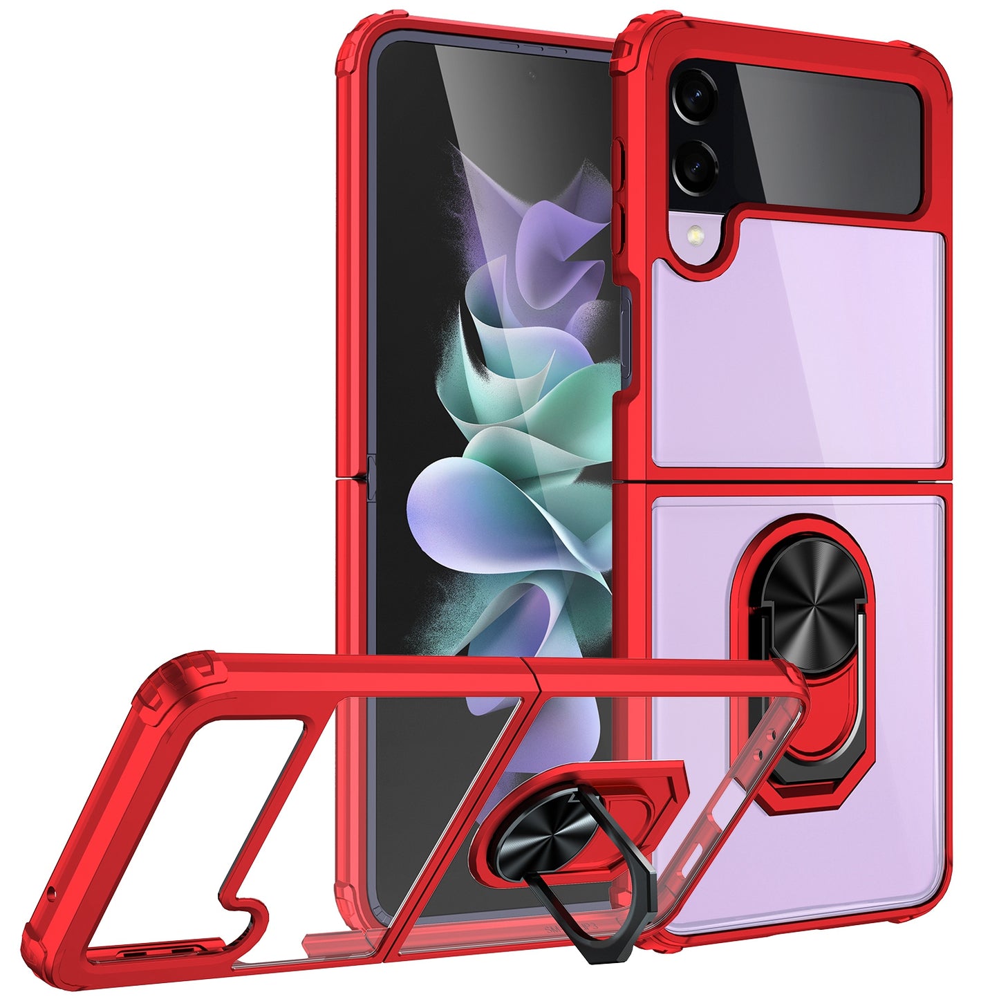 For Samsung Galaxy Z Flip 3 5G Ring Holder Case Heavy Duty Rubber Bumper Non-Slip Grip Magnetic Kicstand Clear Slim Protection  Phone Case Cover
