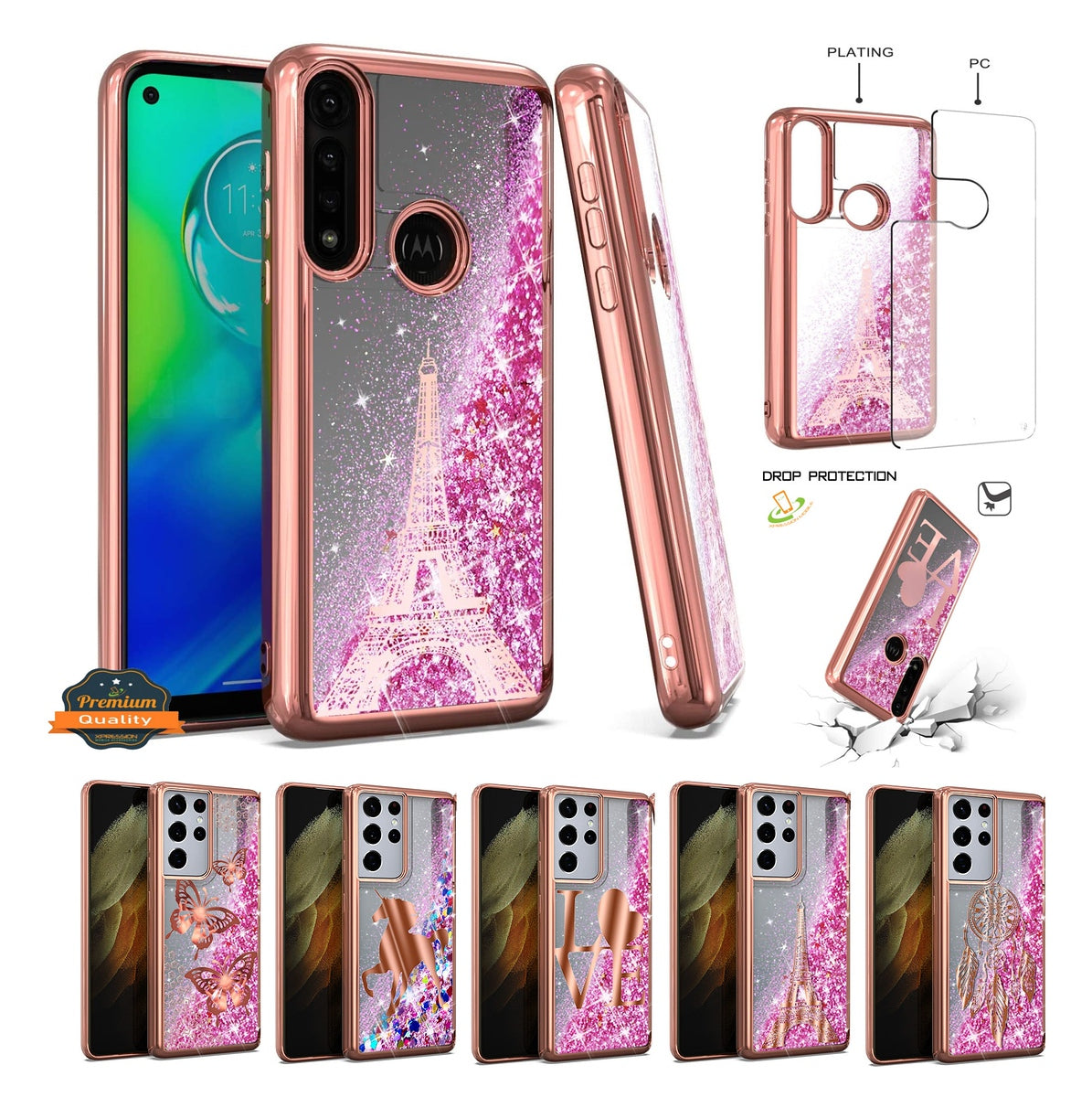 For Apple iPhone 14 (6.1") Quicksand Liquid Glitter Bling Flowing Sparkle Fashion Hybrid TPU and Chrome Plating Hard  Phone Case Cover