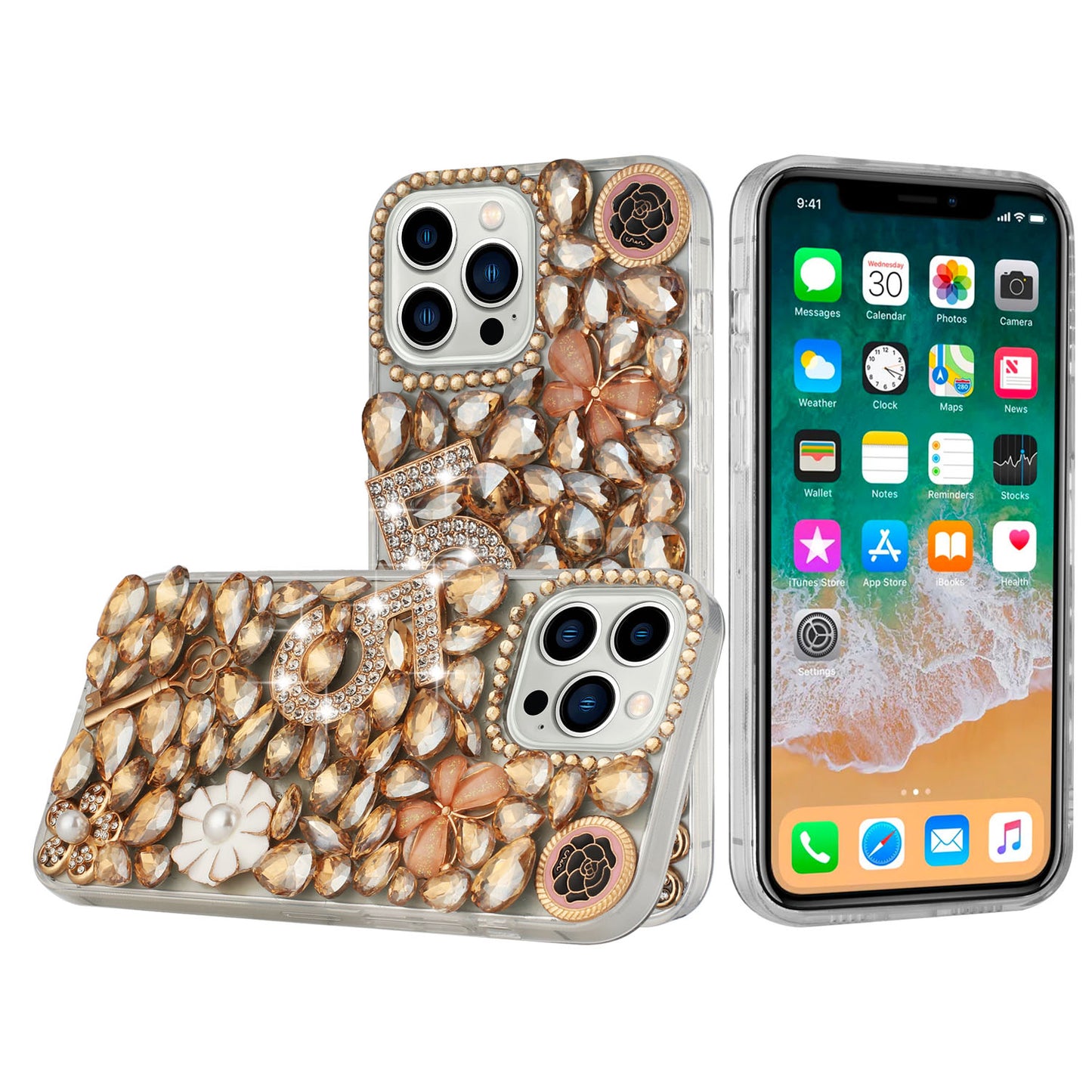 For Apple iPhone 8 Plus/7 Plus/6 6S Plus Bling 3D Full Diamonds Luxury Sparkle Rhinestone Hybrid Protective Gold Five Ornament Floral Phone Case Cover