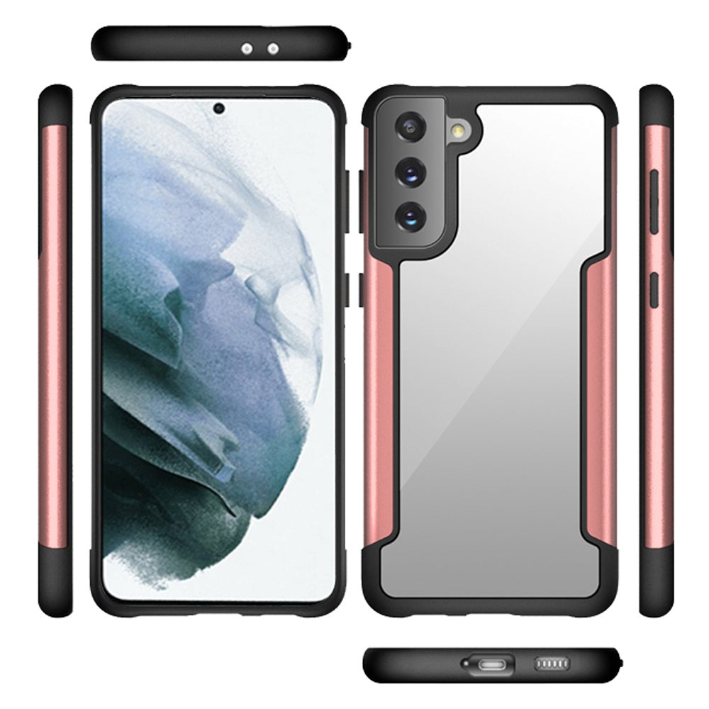 For Samsung Galaxy S22 Ultra Hybrid Aluminum Alloy Metal Clear Transparent Back PC TPU Bumper Frame Armor Shockproof Rose Gold Phone Case Cover