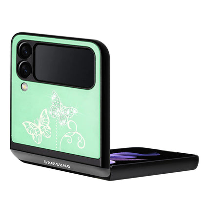 For Samsung Galaxy Z Flip 4 5G 3D Diamond Bling Sparkly Glitter Ornaments Engraving Hybrid Metal Fashion Teal Garden Butterflies Phone Case Cover