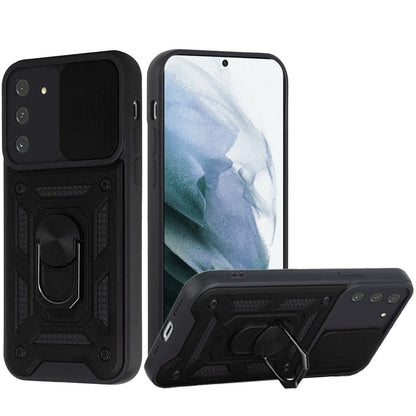 For Samsung Galaxy S21 Ultra Hybrid with Slide Camera Lens Cover and Ring Holder Kickstand Rugged Dual Layer Heavy Duty  Phone Case Cover