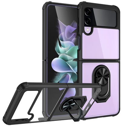 For Samsung Galaxy Z Flip 3 5G Ring Holder Case Heavy Duty Rubber Bumper Non-Slip Grip Magnetic Kicstand Clear Slim Protection  Phone Case Cover