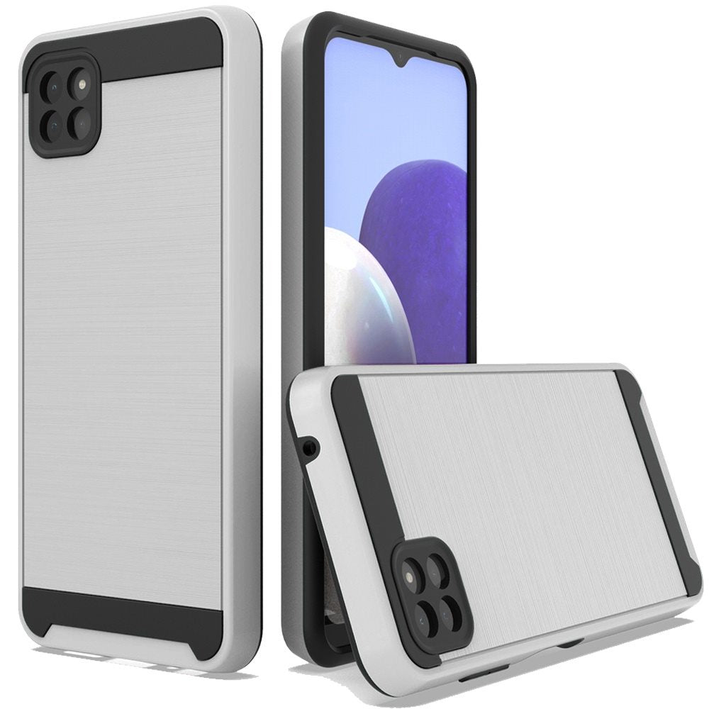 For Samsung Galaxy A22 5G Hybrid Rugged Brushed Metallic Design [Soft TPU + Hard PC] Dual Layer Shockproof Armor Impact Slim Silver Phone Case Cover