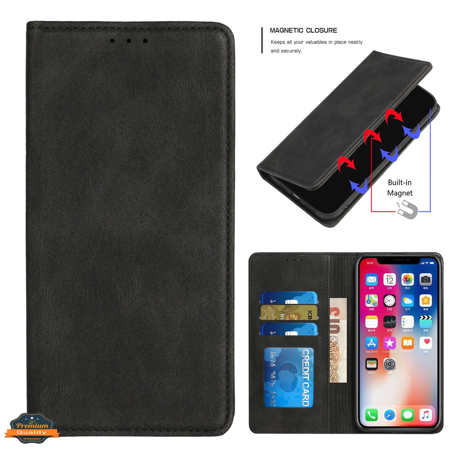 For Apple iPhone 14 Plus (6.7") Wallet PU Vegan Leather ID Credit Card Money Holder with Magnetic Closure Pouch Flip  Phone Case Cover