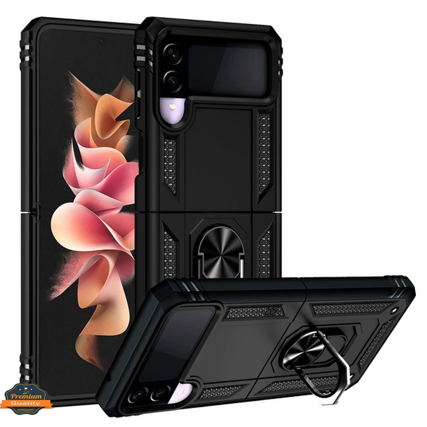 For Samsung Galaxy Z Flip 4 5G Shockproof Hybrid Dual Layer PC + TPU with Ring Stand Metal Kickstand Heavy Duty Armor Shell  Phone Case Cover