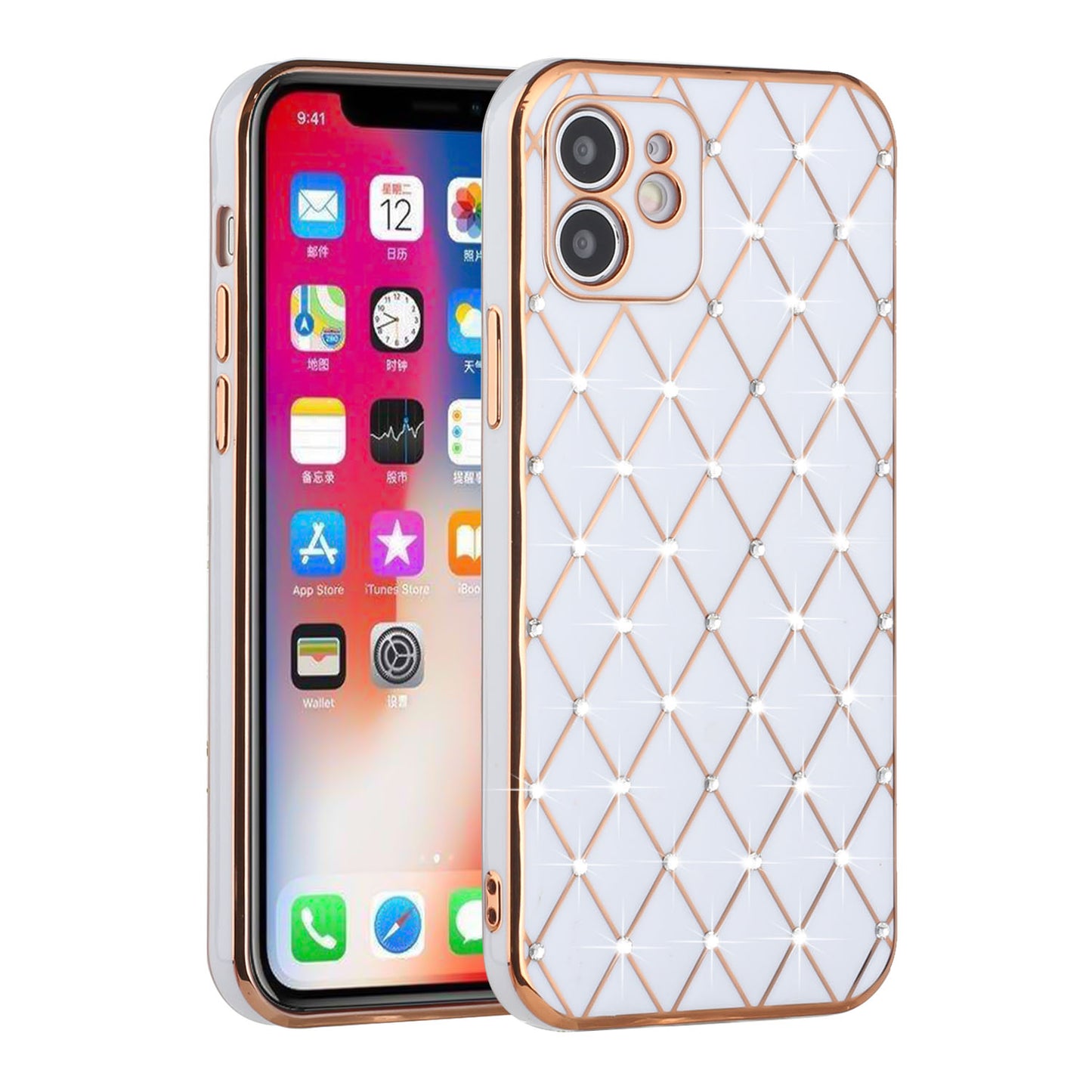For Apple iPhone 14 Pro Max (6.7") Luxury Diamonds on Electroplated Grid Design Rhinestone Protective TPU Hard  Phone Case Cover