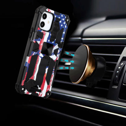 For Apple iPhone 14 Pro (6.1") Heavy Duty Hybrid Fold Slide Kickstand [Military Grade] Rugged Magnetic Car Mount Stand American Flag USA Phone Case Cover