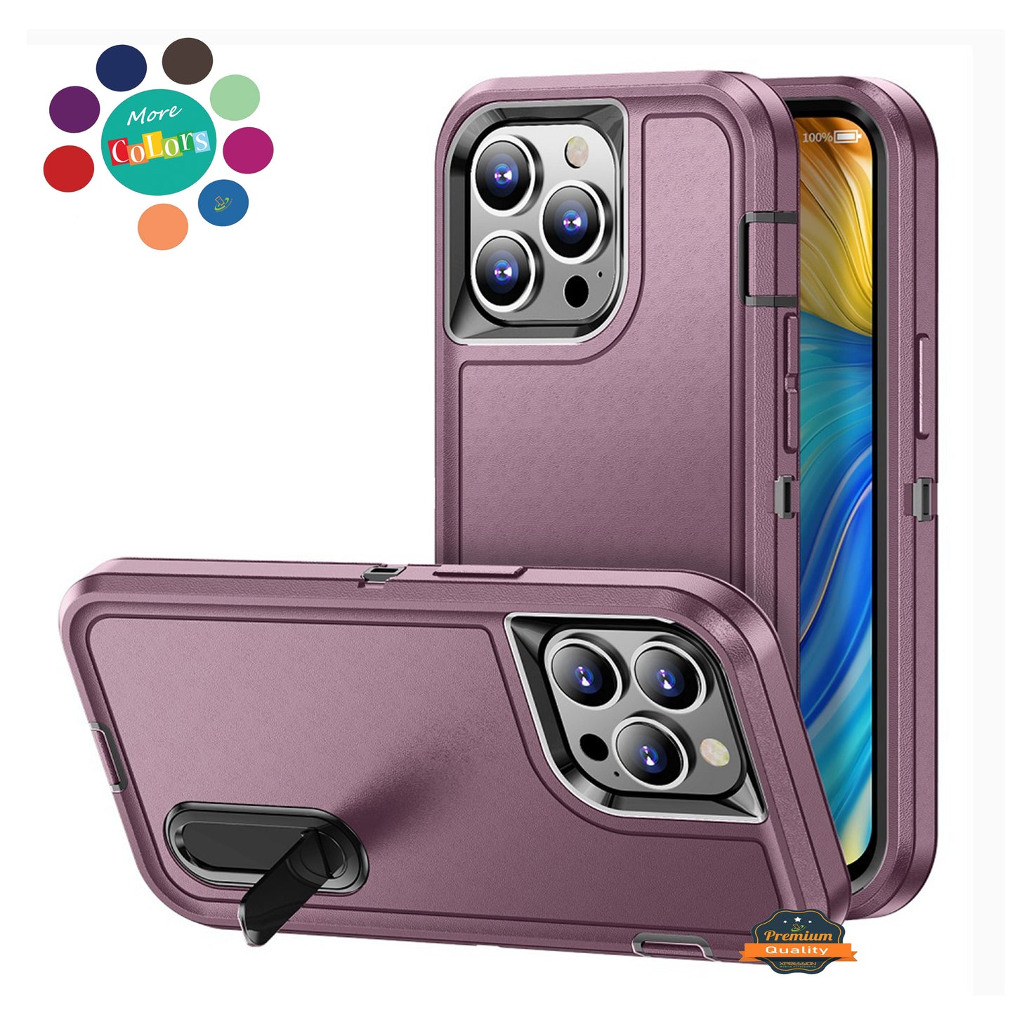 For Apple iPhone 14 Pro (6.1") Hybrid 3 Layers Hard 3in1 Shockproof with Kickstand Heavy Duty TPU Rubber Anti-Drop  Phone Case Cover