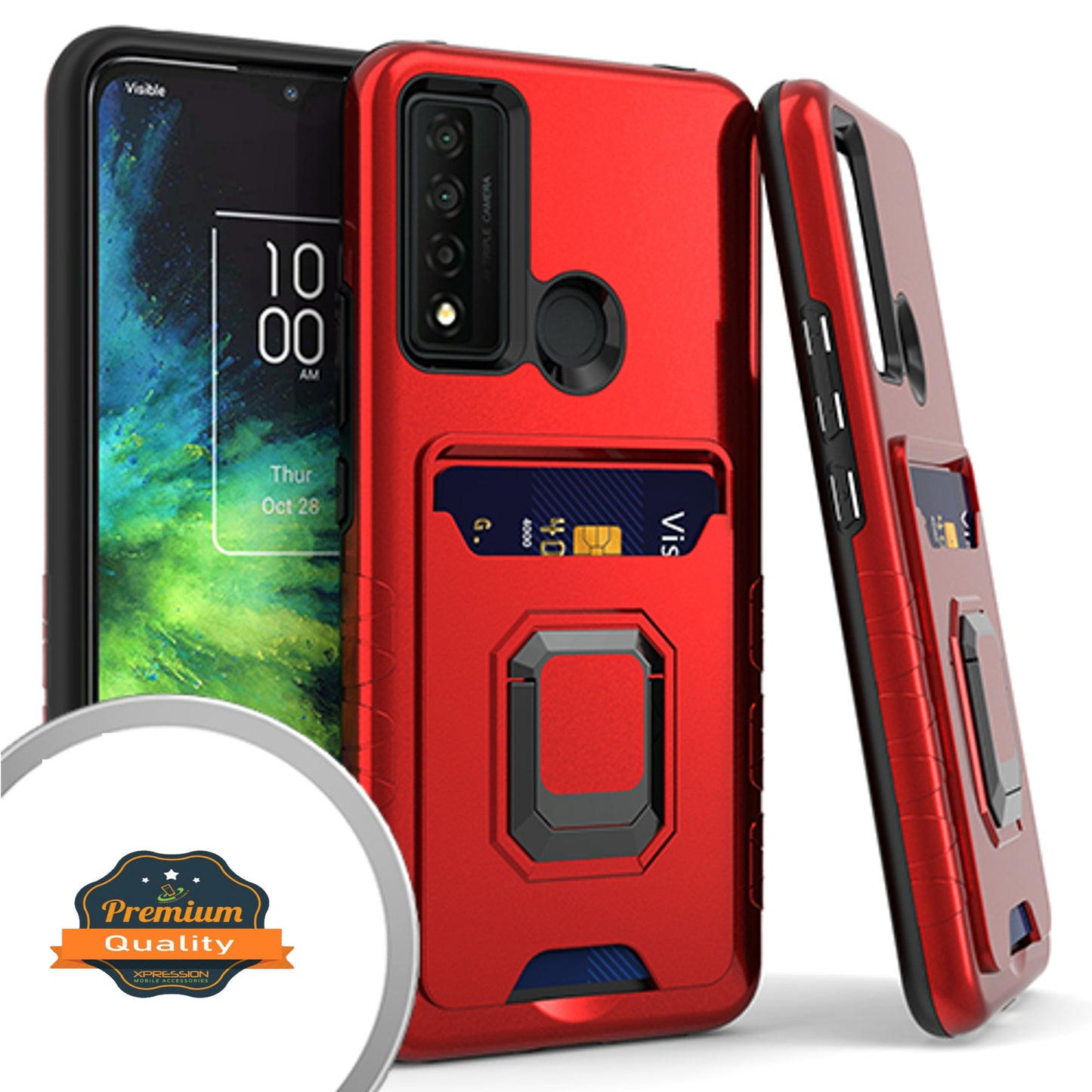 For TCL 20 XE Wallet Credit Card Slot Holder with Metal Ring Kickstand Heavy Duty Shockproof Hybrid Dual Layer Magnetic Stand  Phone Case Cover