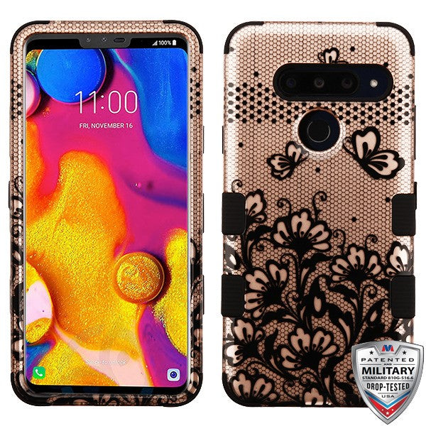 For LG V40 ThinQ Hybrid Three Layer Hard PC Shockproof Heavy Duty TPU Rubber Anti-Drop Rose Gold Lace Flowers Phone Case Cover