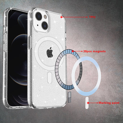 For Apple iPhone 14 (6.1") Transparent Glitter Bling Sparkly Hybrid Hard PC TPU Grip Shockproof Compatible with MagSafe Purple Phone Case Cover