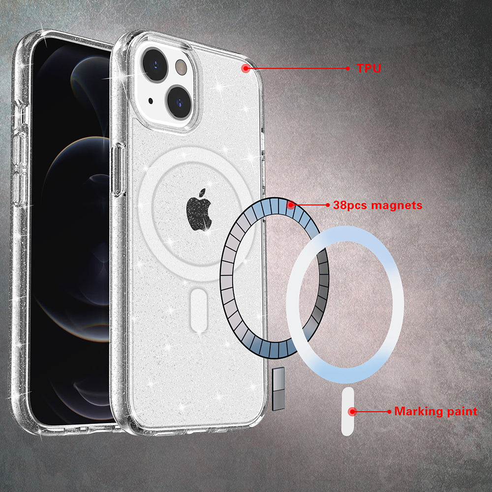 For Apple iPhone 14 Pro (6.1") Transparent Glitter Bling Sparkly Hybrid Hard PC TPU Grip Shockproof Compatible with MagSafe Purple Phone Case Cover