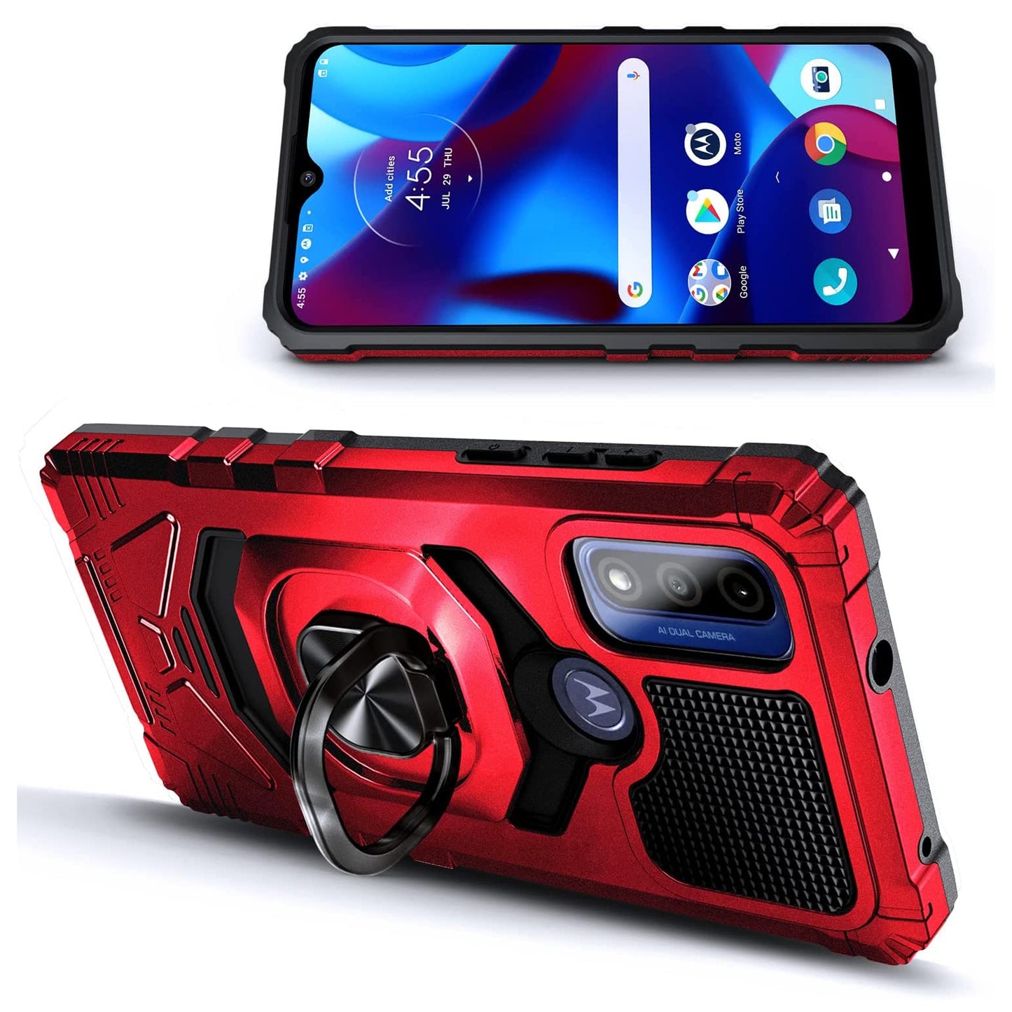 For AT&T Maestro 3 Armor Hybrid Stand Ring Hard TPU Rugged Full-Body [Military-Grade] Magnetic Car Ring Holder Red Phone Case Cover
