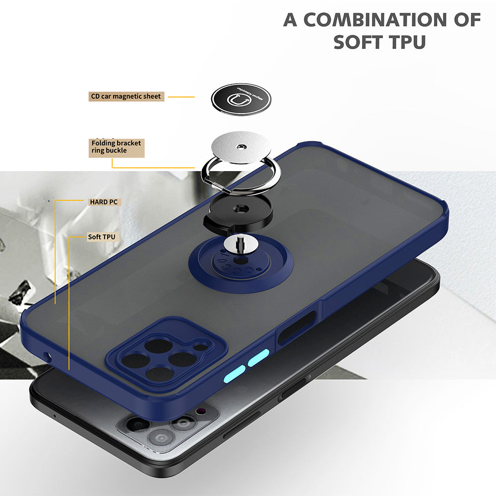 For T-Mobile Revvl 6 Pro 5G Hybrid Frosted Matte Hard Back PC + TPU Frame with Magnetic Ring Holder Stand Kickstand Black Phone Case Cover
