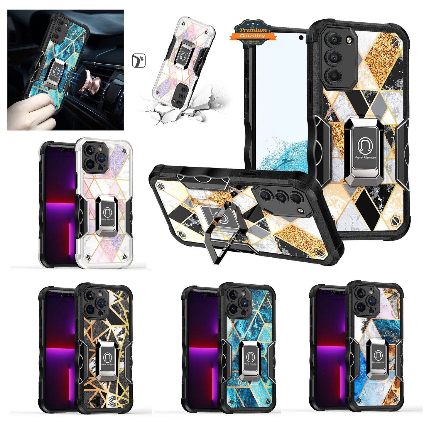 For Samsung Galaxy A23 5G Marble Stone Design Hybrid Armor with Magnetic Ring Stand Kickstand Heavy Duty Rugged  Phone Case Cover