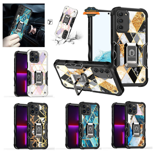 For Apple iPhone 14 Plus (6.7") Marble IMD Stone Design Hybrid Armor Magnetic Ring Stand Kickstand Heavy Duty Rugged  Phone Case Cover