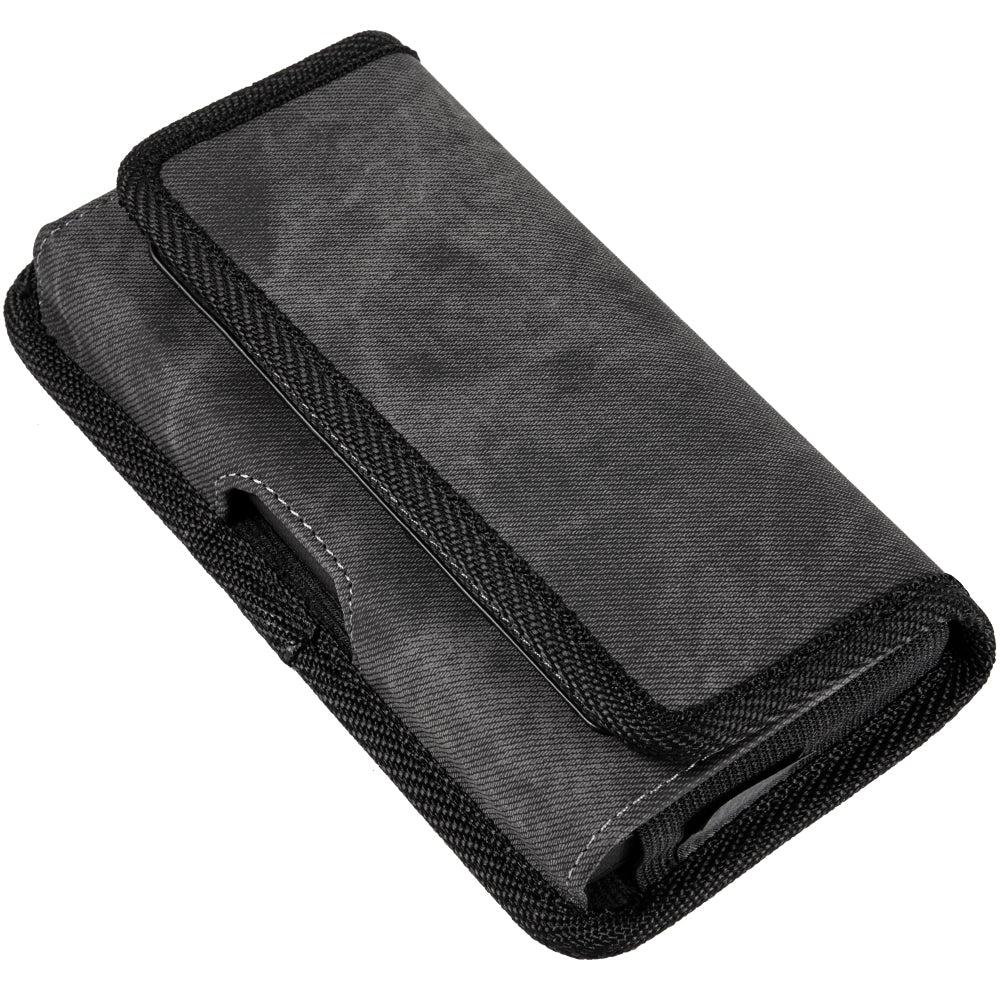 For Samsung Galaxy A02S Universal Horizontal Cell Phone Case Fabric Holster Carrying Pouch with Belt Clip and 2 Card Slots fit Large Devices 6.3" [Black Denim]