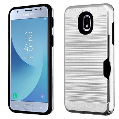 For Samsung Galaxy J3 (2018)/ Galaxy J3 Star/ Galaxy J3 PU Card Wallet Dual Layer Brushed Hybrid Protector TPU Credit Card Slot Silver Phone Case Cover