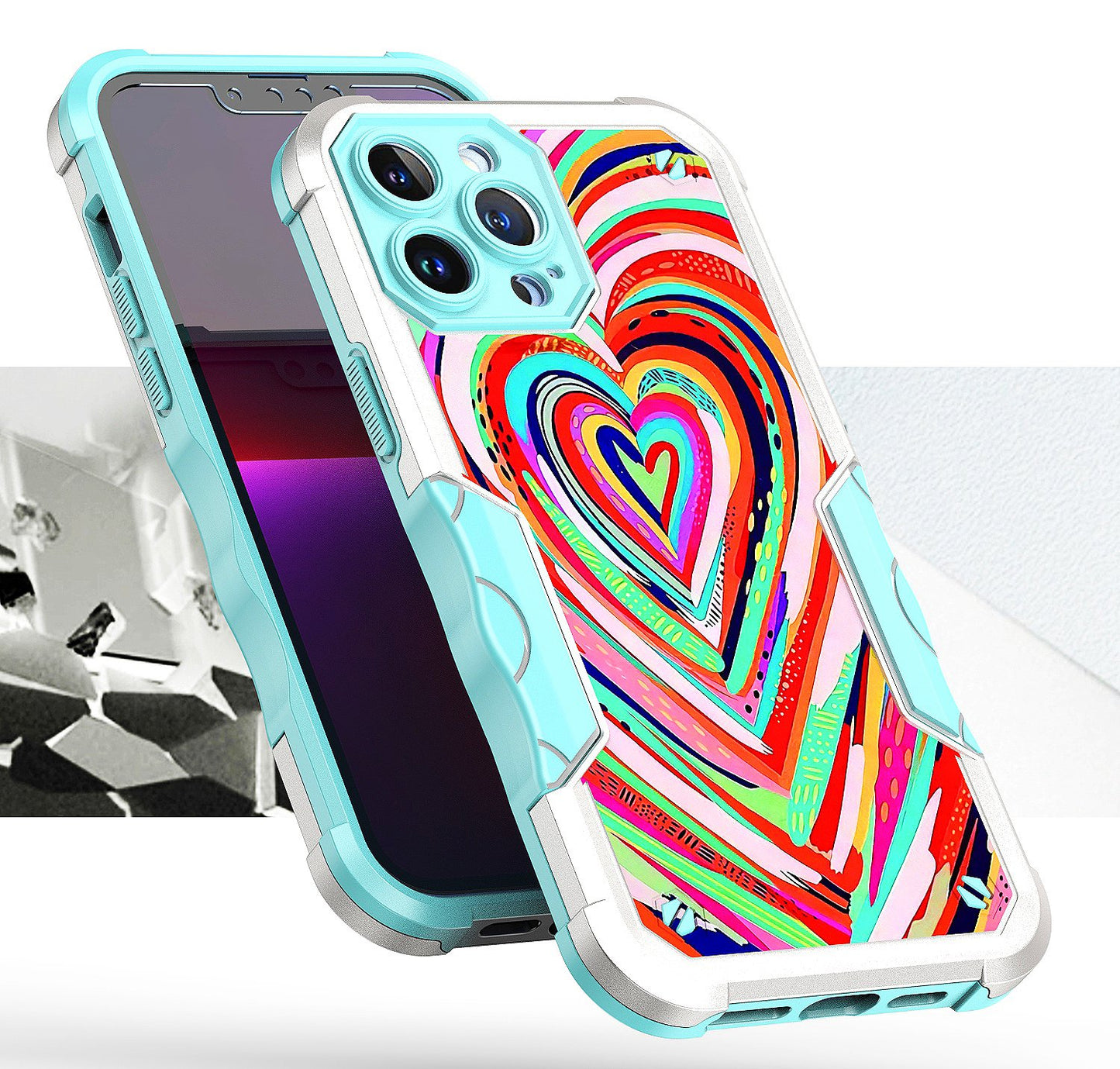 For Apple iPhone 14 Pro (6.1") Fashion Design Tough Shockproof Hybrid Stylish Pattern Heavy Duty TPU Rubber Armor  Phone Case Cover