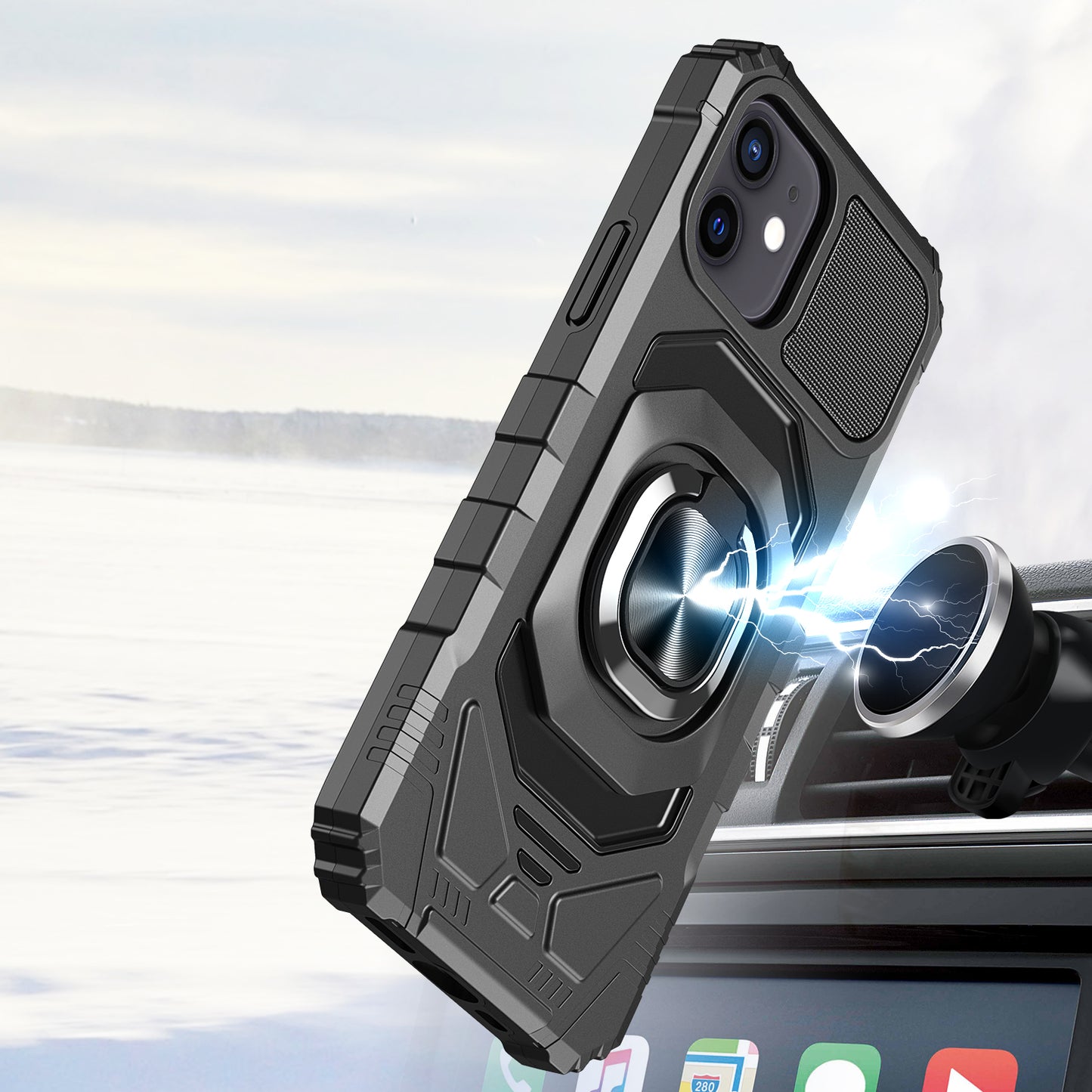 For Cricket Dream 5G Hybrid Dual Layer with Rotate Magnetic Ring Stand Holder Kickstand, Rugged Shockproof Anti-Scratch Black Phone Case Cover