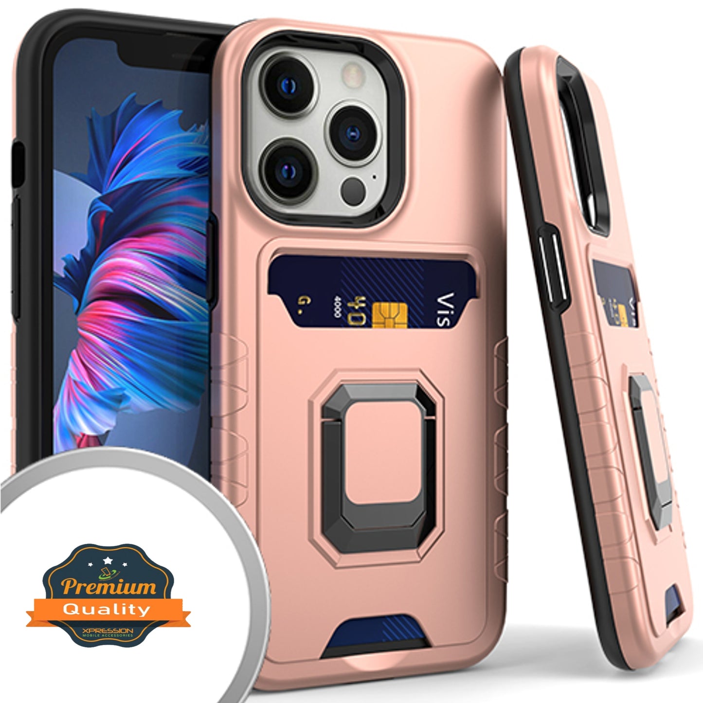 For Apple iPhone 13 /Pro Max Mini Wallet Credit Card Slot Holder with Metal Ring Kickstand Heavy Duty Shockproof Hybrid Dual Layer Magnetic Stand  Phone Case Cover