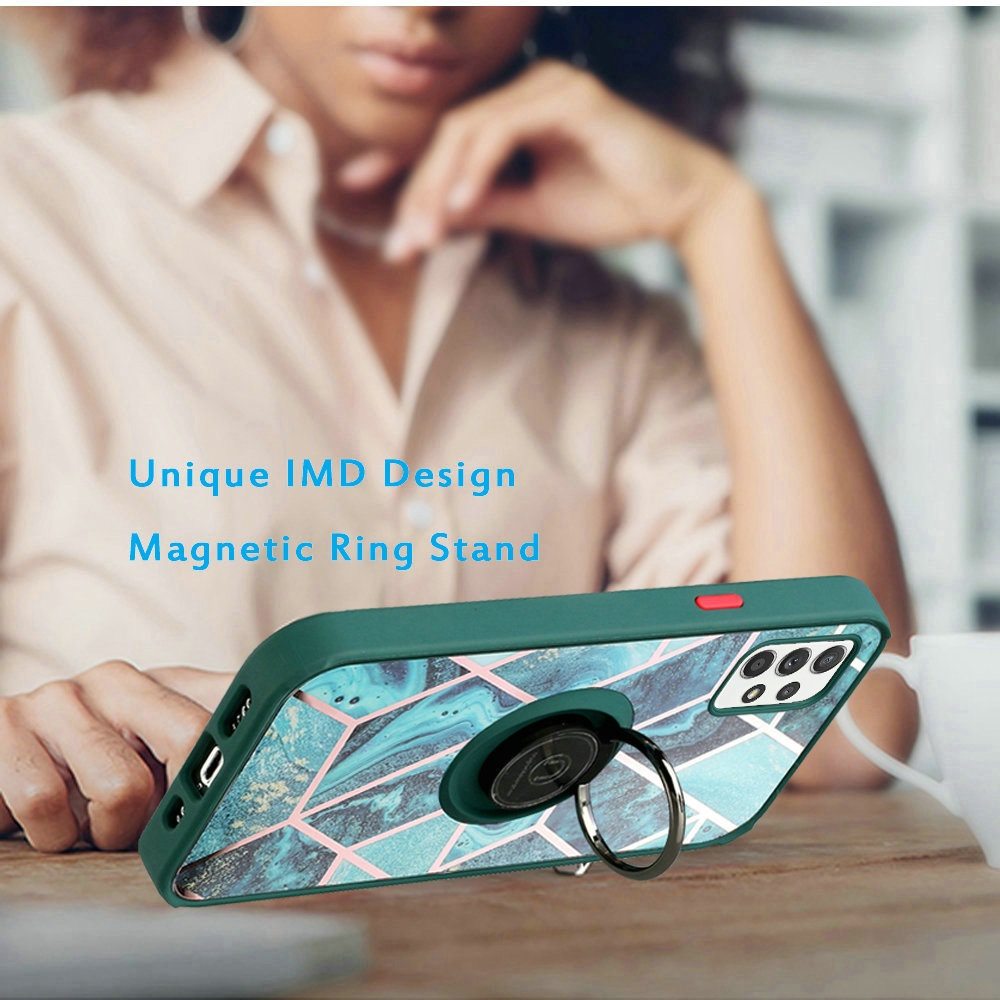 For Apple iPhone 14 Pro (6.1") Unique Marble Design with Magnetic Ring Kickstand Holder Hybrid TPU Hard Shockproof  Phone Case Cover