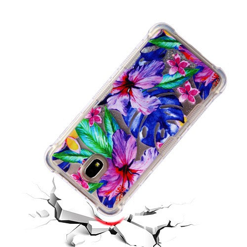 For Samsung Galaxy J7 2018/J7 Star/J7 V 2nd Gen/ J7 Refine Flower Quicksand Liquid Glitter Bling Hybrid Image Flowing Sparkle Watercolor Hibiscus Phone Case Cover