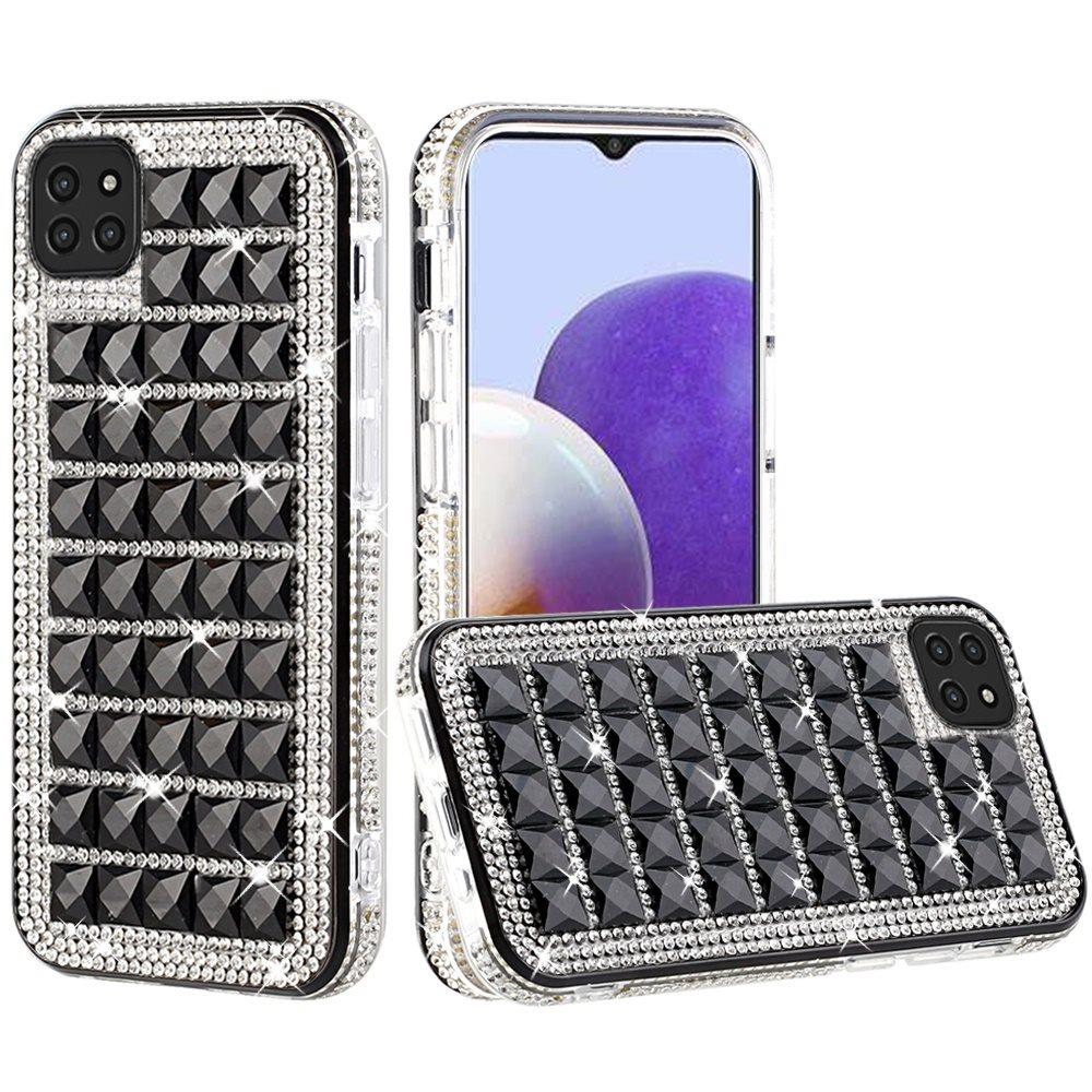 For Boost Mobile Celero 5G Fashion Luxury 3D Bling Diamonds Rhinestone Jeweled Shiny Crystal Hybrid TPU + PC Bumper Hard Black Phone Case Cover