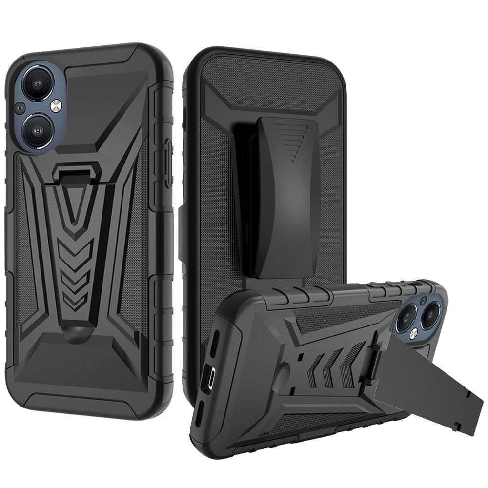 For OnePlus Nord N20 5G Combo 3 in 1 Rugged Swivel Belt Clip Holster Heavy Duty Hybrid Armor TPU with Kickstand Stand Black Phone Case Cover