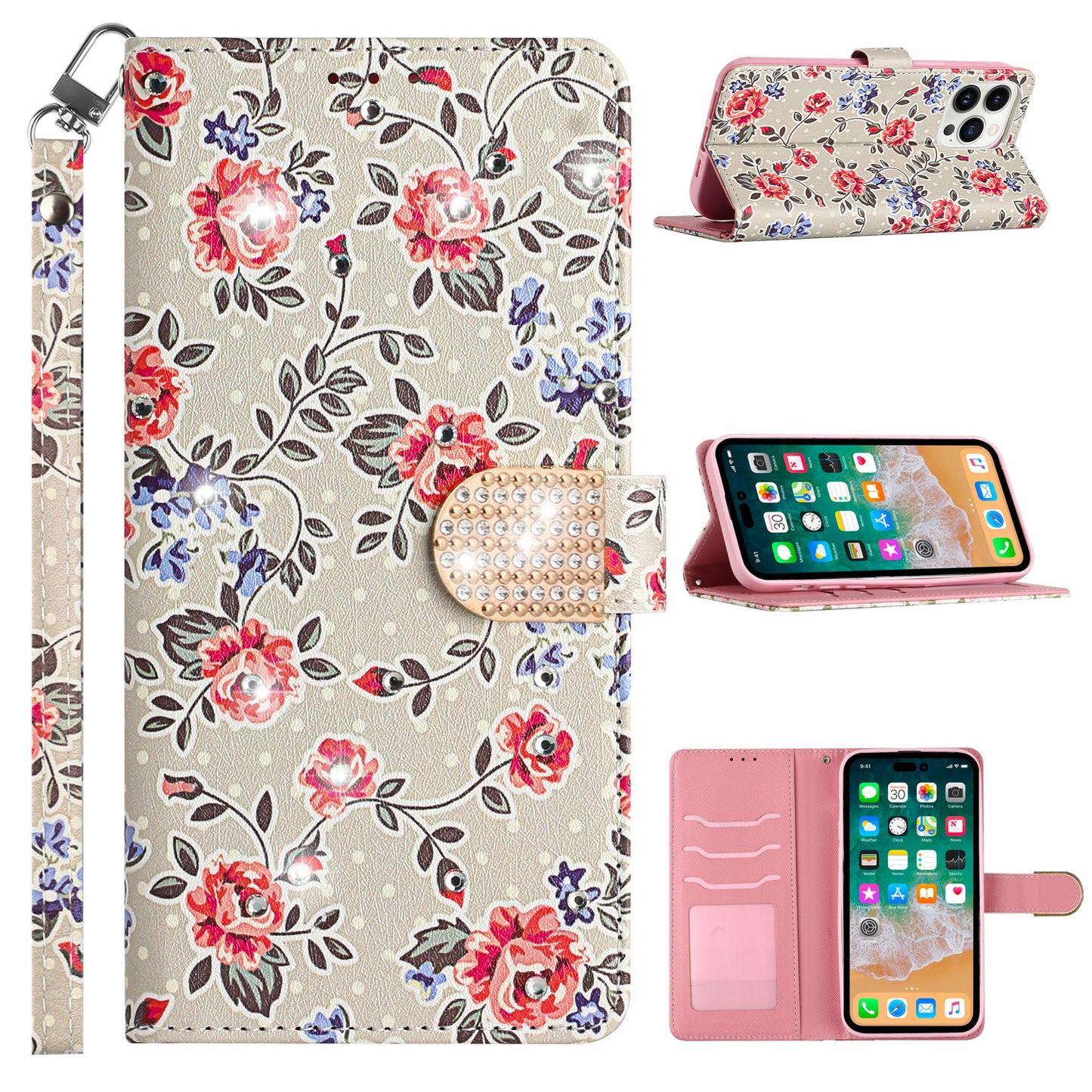 For Apple iPhone 14 Plus 6.7" Fashion Diamond Bling Design Wallet Pouch Card Slots PU Leather With Lanyard  Phone Case Cover