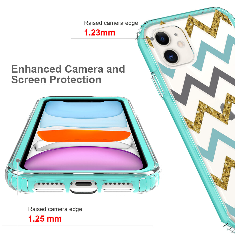 For Apple iPhone 14 Plus (6.7") Beautiful Design 3in1 Hybrid Triple Layer Armor Hard PC Plastic Rubber Frame Teal Chevron Phone Case Cover
