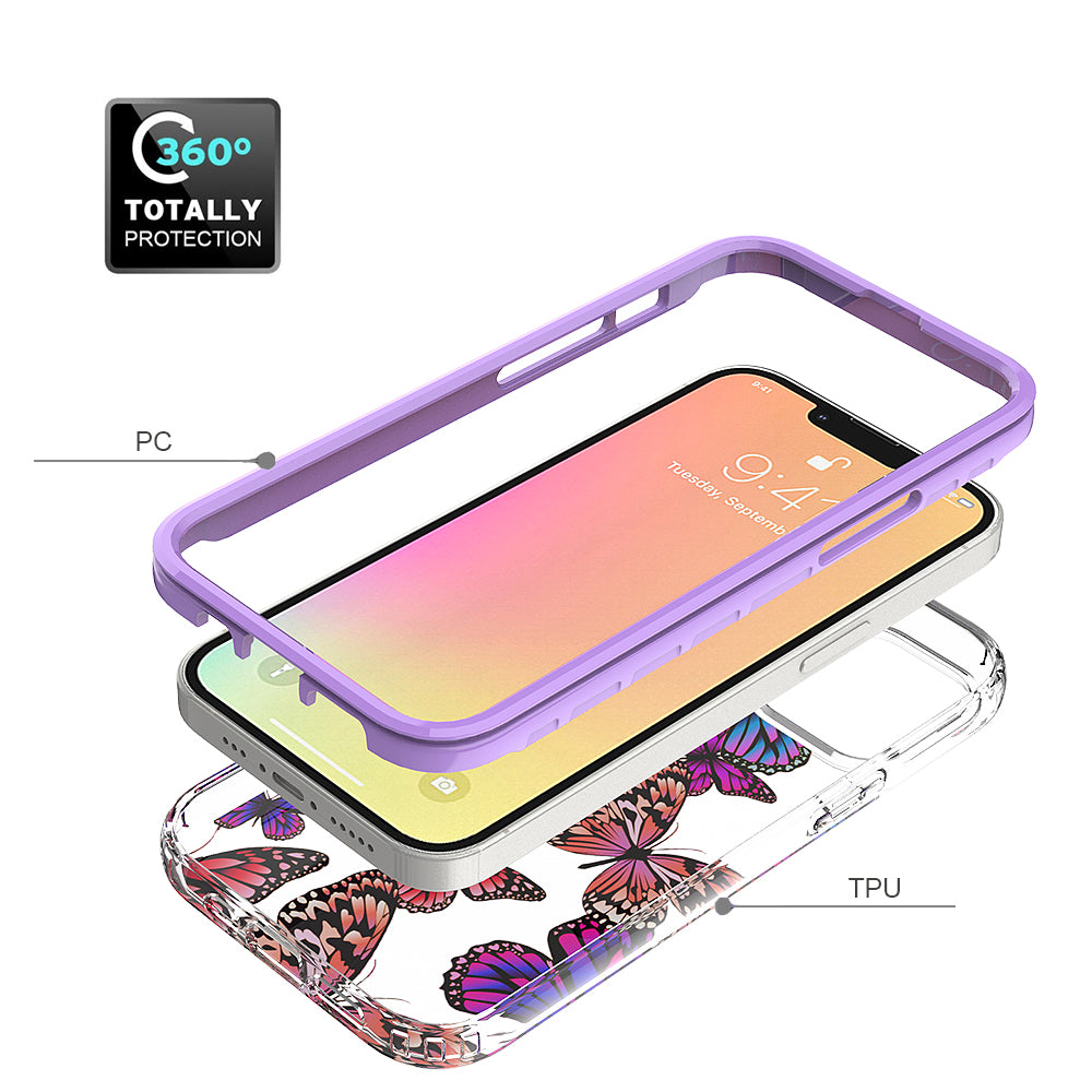 For Apple iPhone 14 Plus (6.7") Beautiful Design 3in1 Hybrid Triple Layer Armor Hard PC Plastic Rubber Frame Purple Summer Floral Phone Case Cover