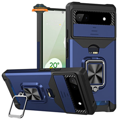 For Google Pixel 7 Wallet Case Designed with Slide Camera Protection, Card Slot & Ring Kickstand Magnetic Car Mount  Phone Case Cover