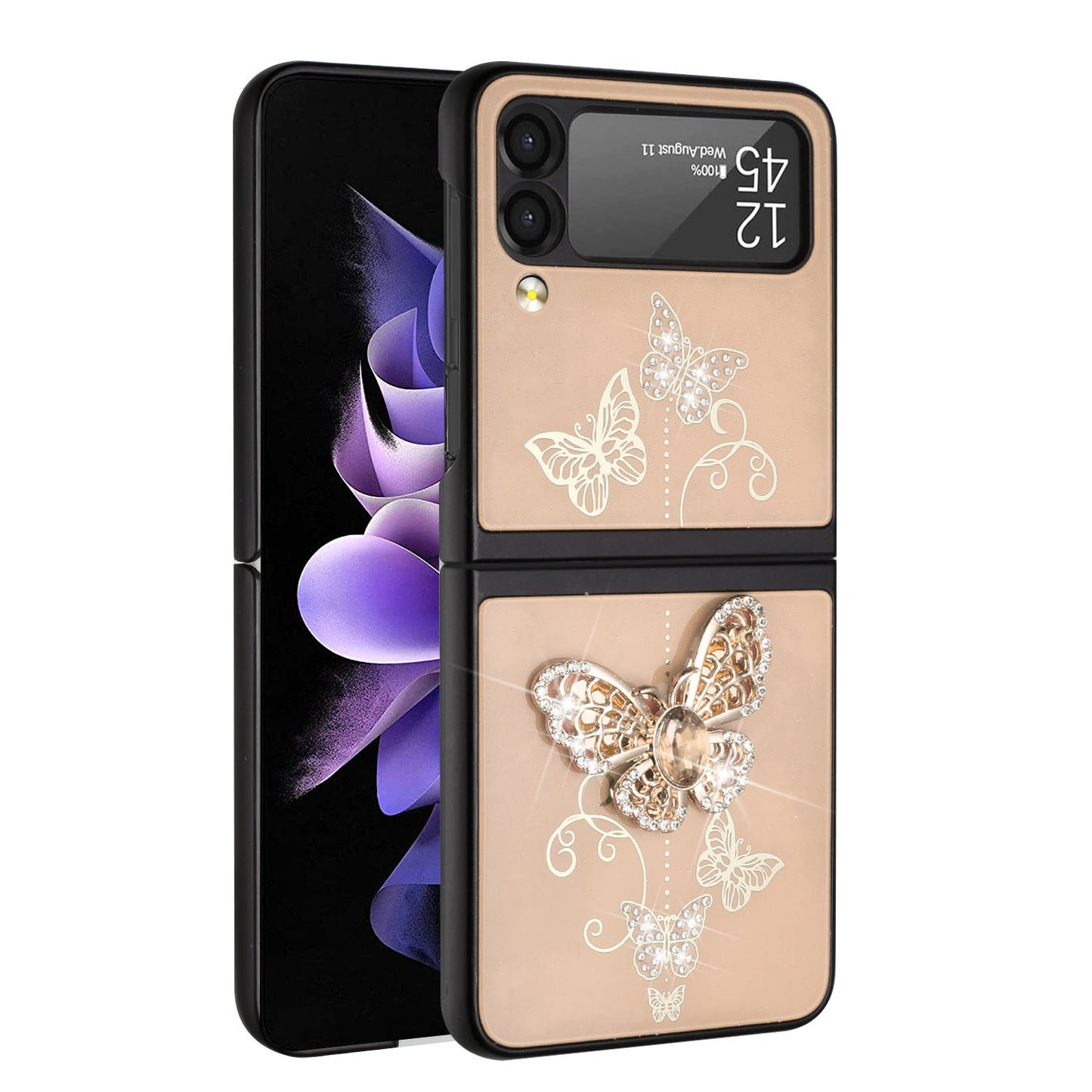 For Samsung Galaxy Z Flip 4 5G 3D Diamond Bling Sparkly Glitter Ornaments Engraving Hybrid Metal Fashion Gold Garden Butterflies Phone Case Cover