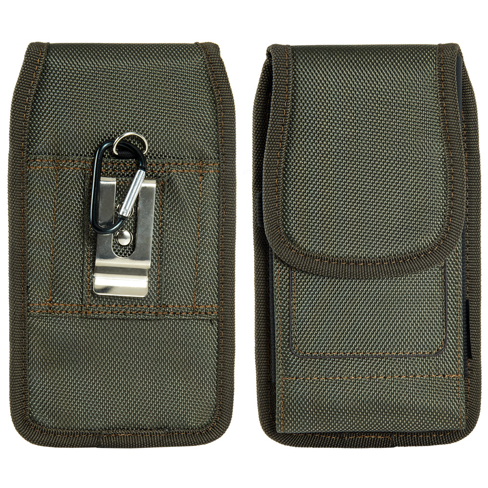 For Samsung Galaxy A23 5G Universal Nylon Pouch Case Vertical Phone Holster with Dual Card Slots, Pen Holder, Belt Clip Loop & Hook Cover [Green]