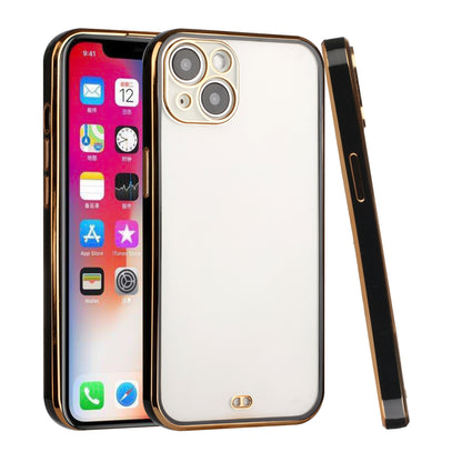 For Apple iPhone 14 /Plus Pro Max Golden Chrome Frame Transparent Hybrid with Lens Protector Shockproof PC Bumper  Phone Case Cover