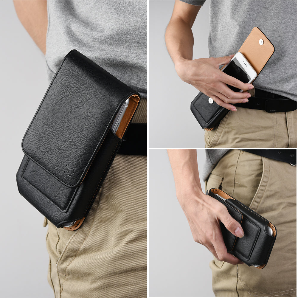 For Samsung Galaxy A23 5G Universal Vertical Leather Case Holster with Card Slot, Rotation Belt Clip & Magnetic Closure Carrying Phone Pouch [Black]