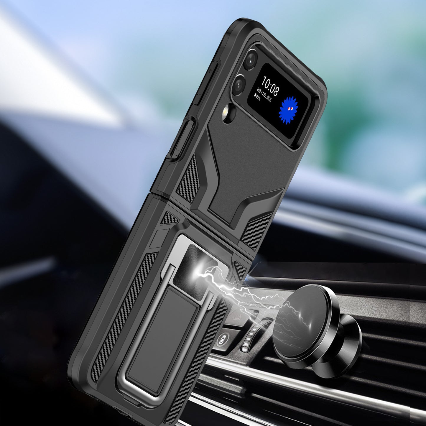 For Samsung Galaxy Z Flip 3 5G Shockproof [Military-Grade] with Metal Magnetic Kickstand, Hybrid Rugged TPU Heavy Duty  Phone Case Cover