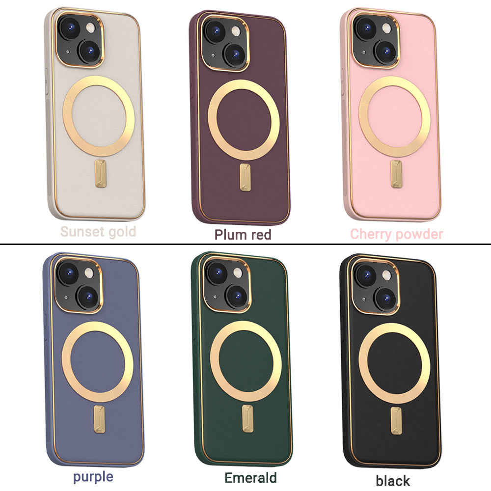 For Apple iPhone 14 /Plus Pro Max PU Leather MagSafe Compatible with Gold Trim & Raised Camera Protection Hybrid  Phone Case Cover