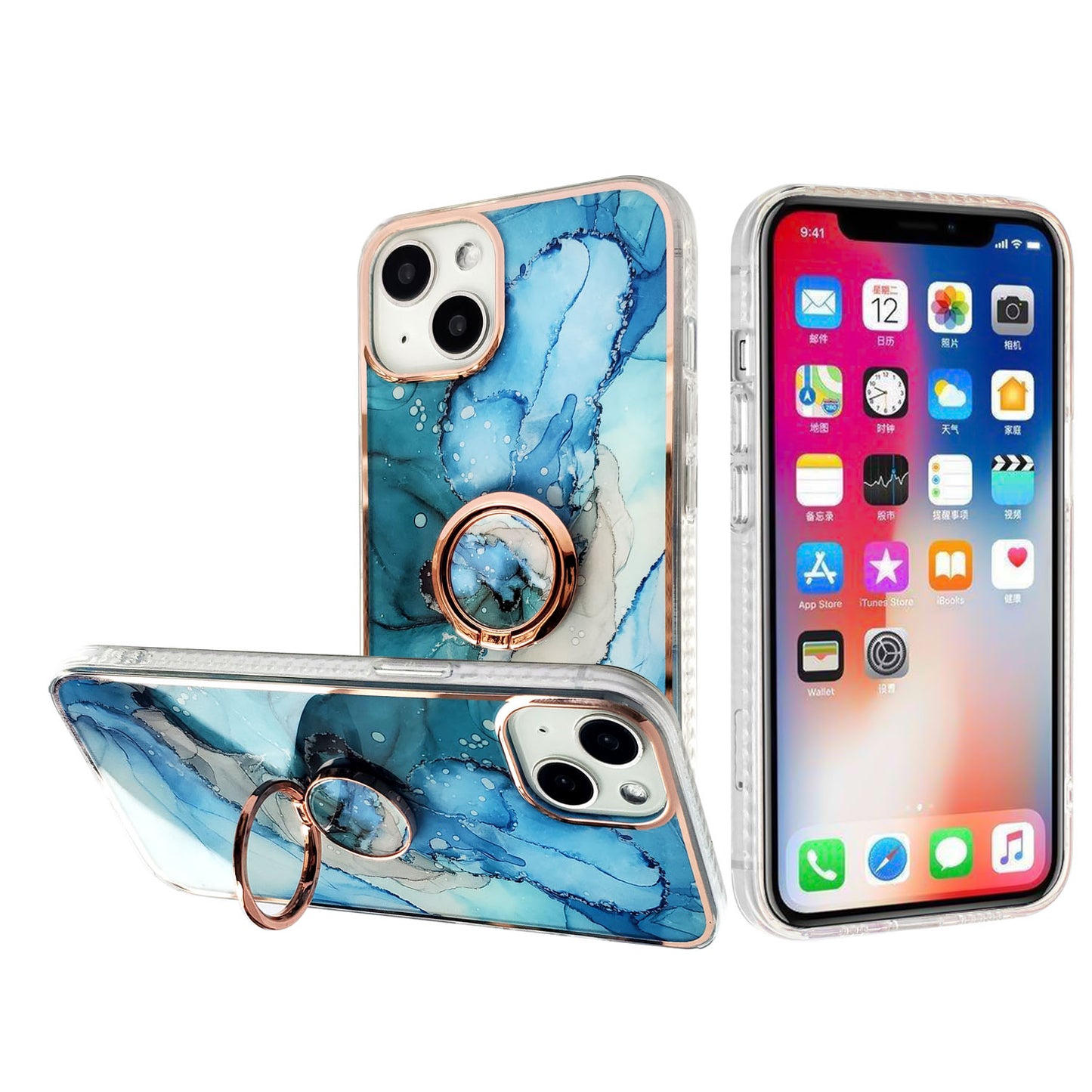 For Apple iPhone 14 Pro Max (6.7") Pattern Fashion Design Chromed Edge IMD with Ring Kickstand Hybrid Hard Back  Phone Case Cover