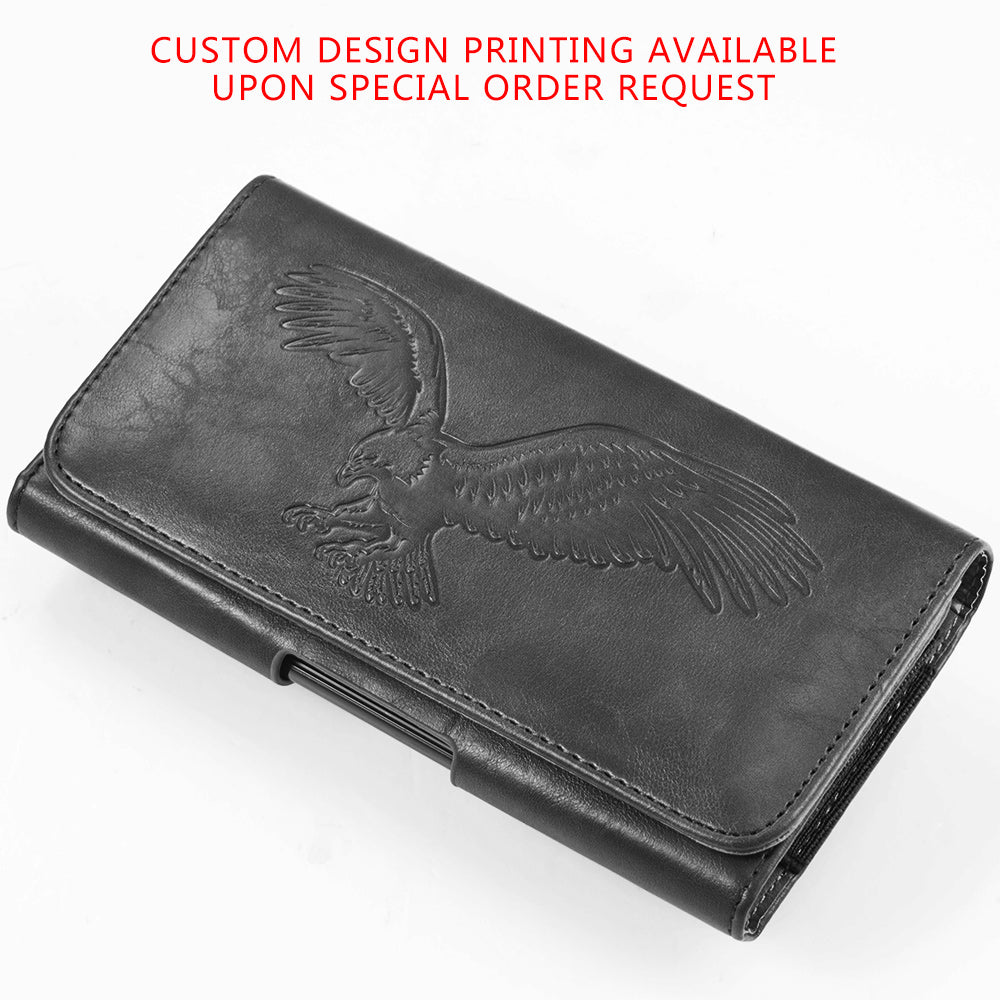 For Samsung Galaxy A23 5G Universal Horizontal Leather Phone Case with Embossed American Eagle Pouch Belt Clip Holster & Magnetic Pouch [Black]