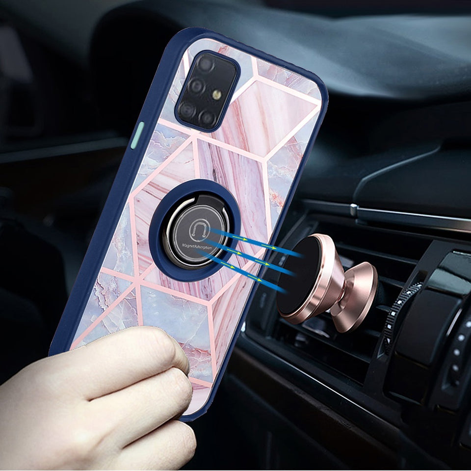 For Samsung Galaxy A02S Unique Marble Design with Magnetic Ring Kickstand Holder Hybrid TPU Hard PC Armor Shockproof  Phone Case Cover