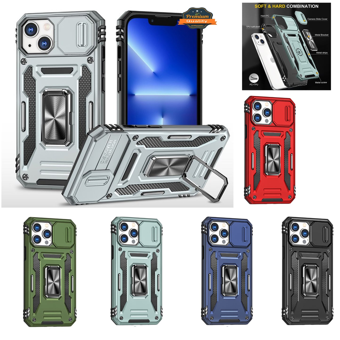 For Apple iPhone 14 /Plus Pro Max Kickstand & Slide Camera Lens Protection + 360° Rotate Ring Stand, Hybrid Shockproof  Phone Case Cover
