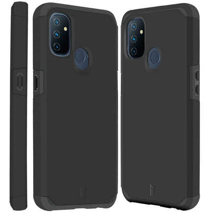 For OnePlus Nord N100 Ultra Slim Fit Corner Protection Shock Absorption Hybrid Dual Layer Hard PC + TPU Rubber Silicone Armor Defender Black Phone Case Cover
