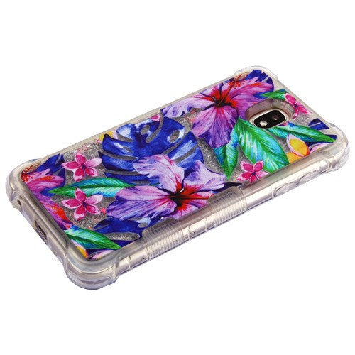For Samsung Galaxy J7 2018/J7 Star/J7 V 2nd Gen/ J7 Refine Flower Quicksand Liquid Glitter Bling Hybrid Image Flowing Sparkle Watercolor Hibiscus Phone Case Cover